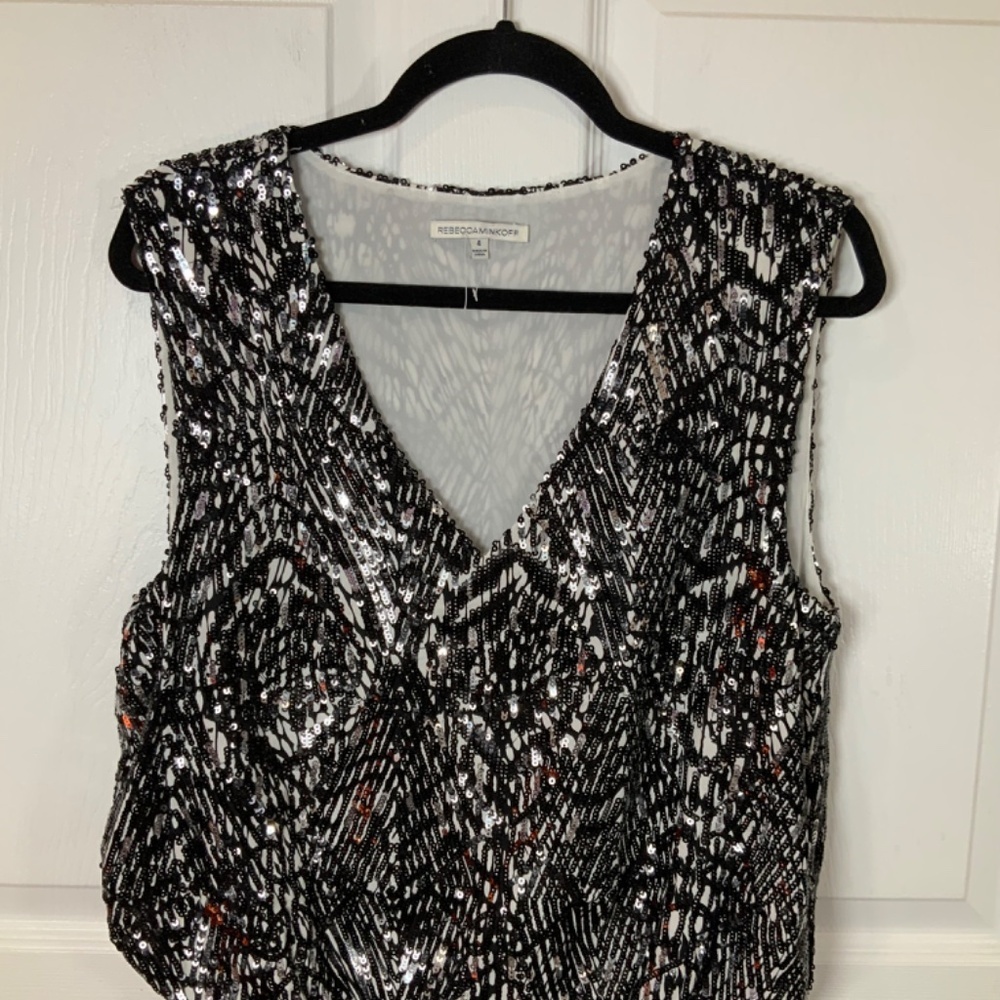 Rebecca Minkoff Spirit Animal Sequin Black Silver Silk Mini Dress Size 4 - Picture 3 of 9